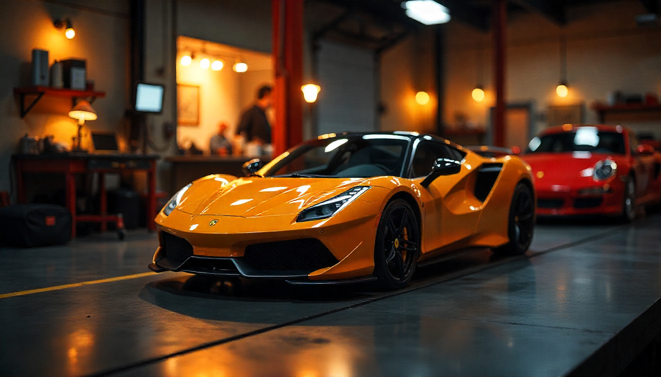 Historical to modern carbon fiber evolution collage with close-up weave textures, skilled craftsmanship, and exotic supercars in a luxury garage