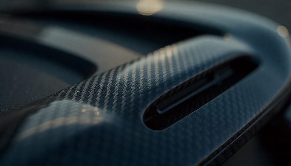 Close-up view of a handcrafted carbon fiber dashboard trim in a luxury sports car, highlighting detailed weave patterns and glossy finish.