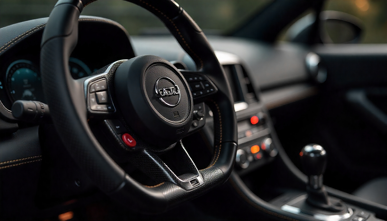 Close-up view of a handcrafted carbon fiber steering wheel in a luxury supercar interior, showcasing the detailed weave pattern and high-gloss finish.