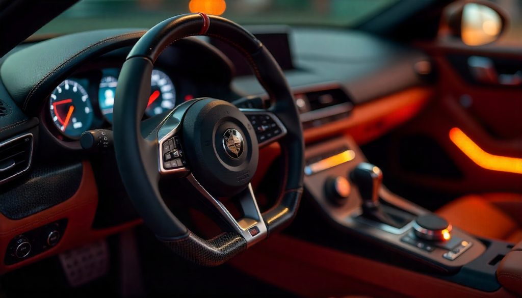 Close-up view of a handcrafted carbon fiber steering wheel in a luxury supercar interior, showcasing the detailed weave pattern and high-gloss finish.
