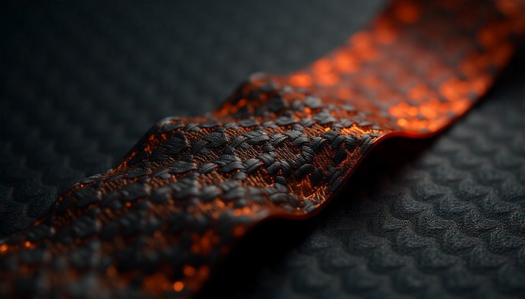 Close-up of bulletproof fiber weave next to handcrafted carbon fiber automotive parts, highlighting texture, strength, and premium craftsmanship