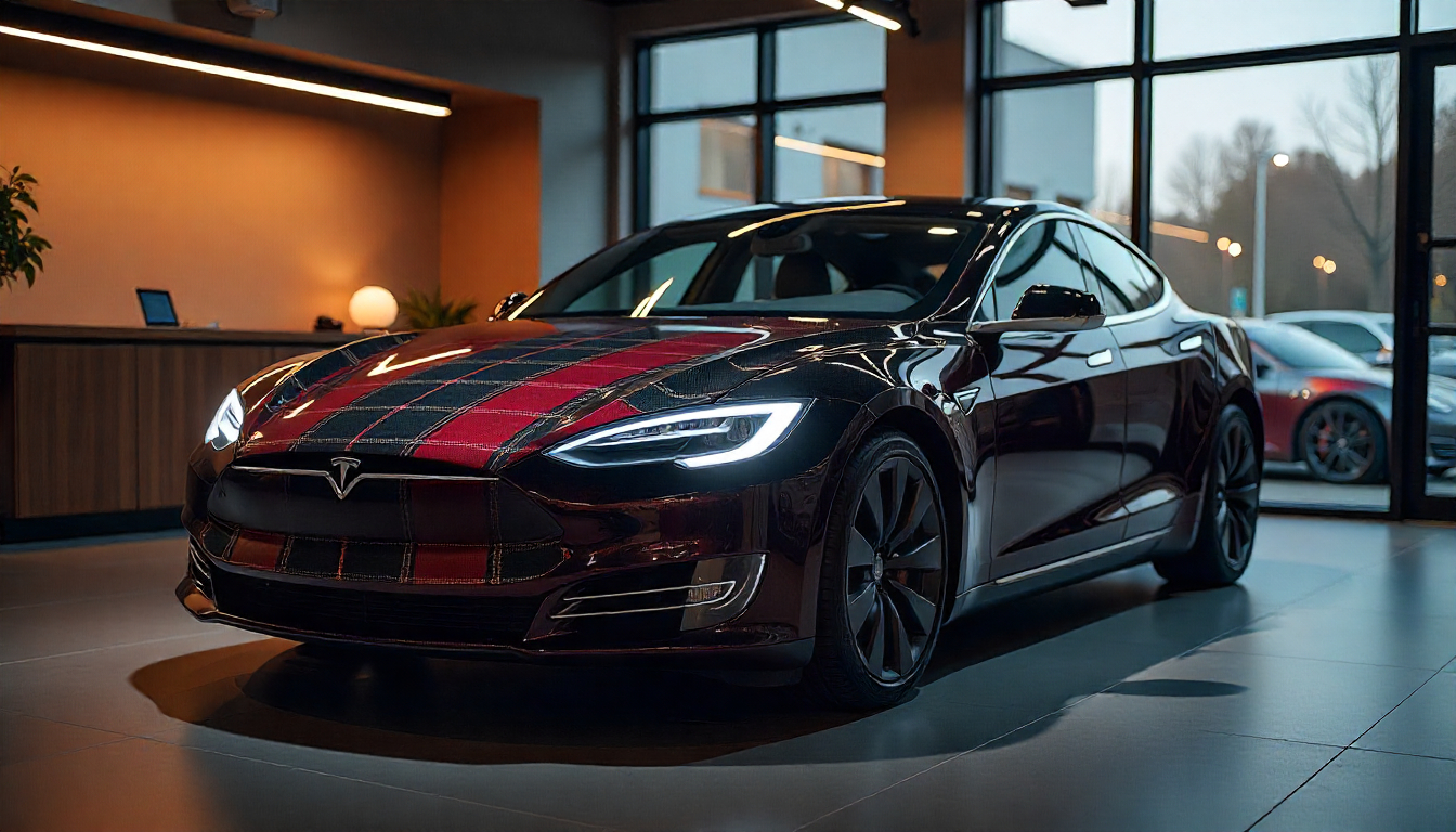 Tesla Model S Plaid with carbon fiber spoiler and dashboard trim in a luxury showroom with dramatic lighting