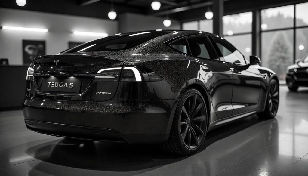 Tesla Model S Plaid with carbon fiber spoiler and dashboard trim in a luxury showroom with dramatic lighting