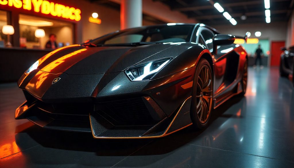 Close-up of Lamborghini with exposed carbon fiber body panels and Forged Composites texture in a luxury showroom