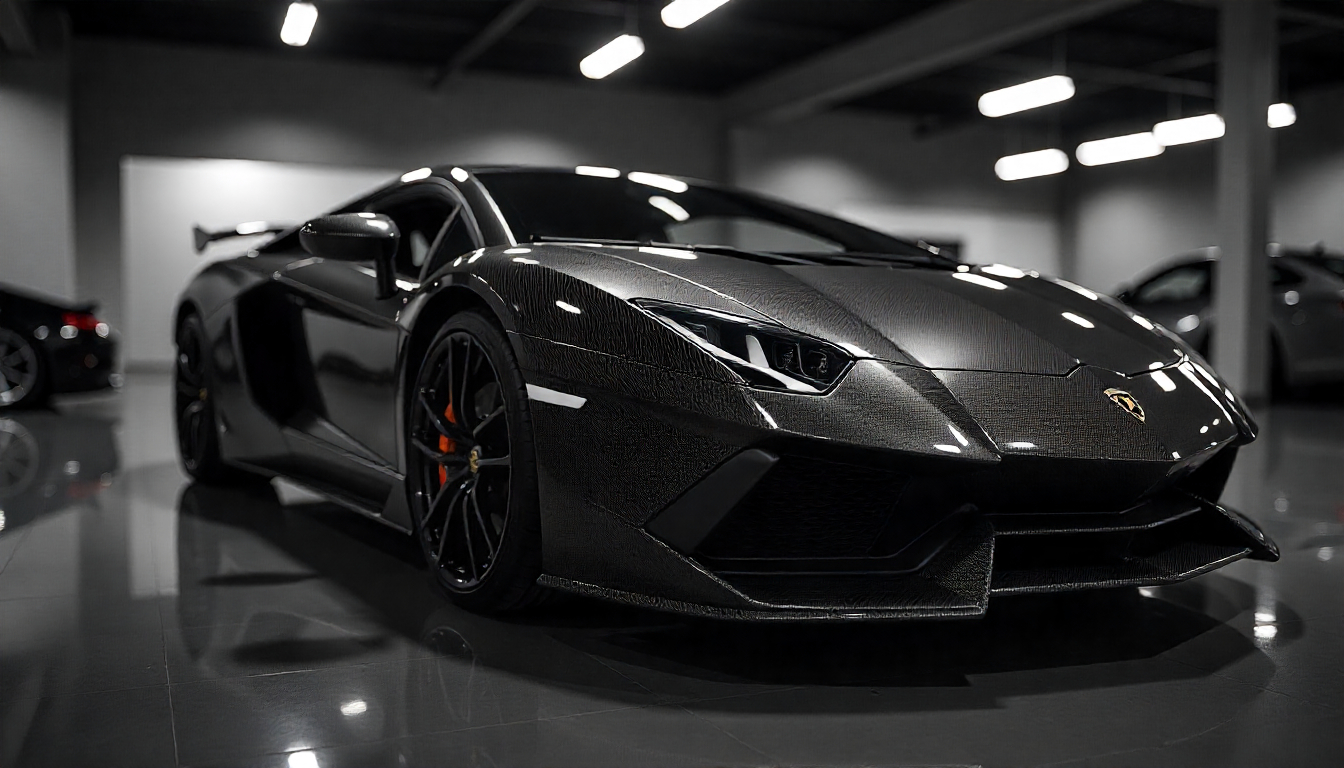 Close-up of Lamborghini with exposed carbon fiber body panels and Forged Composites texture in a luxury showroom