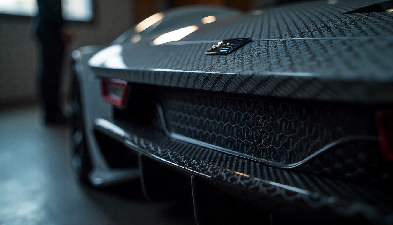 Close-up view of graphite crystal structure blending into handcrafted carbon fiber car parts on a luxury sports car