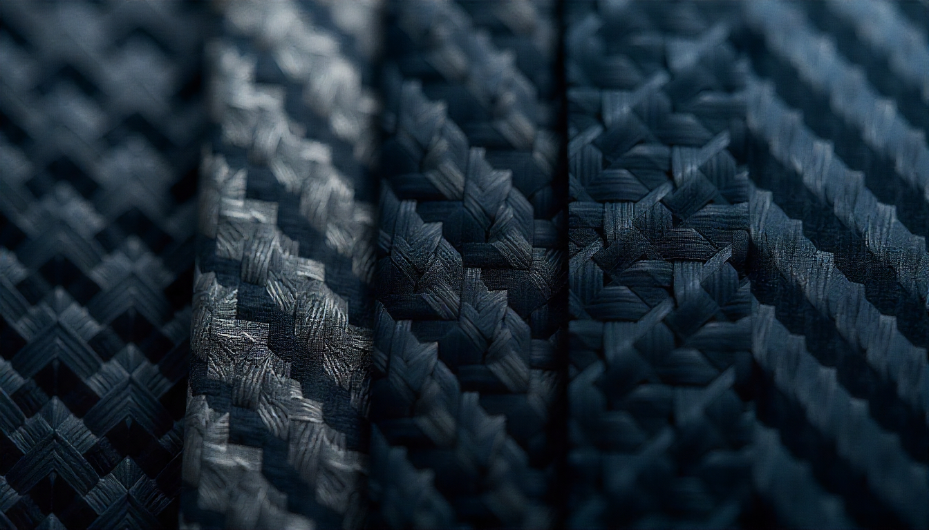 Close-up comparison of different carbon fiber grades and weave patterns including 3K, 12K, and 24K, highlighting texture, gloss, and stiffness levels used in premium automotive parts.