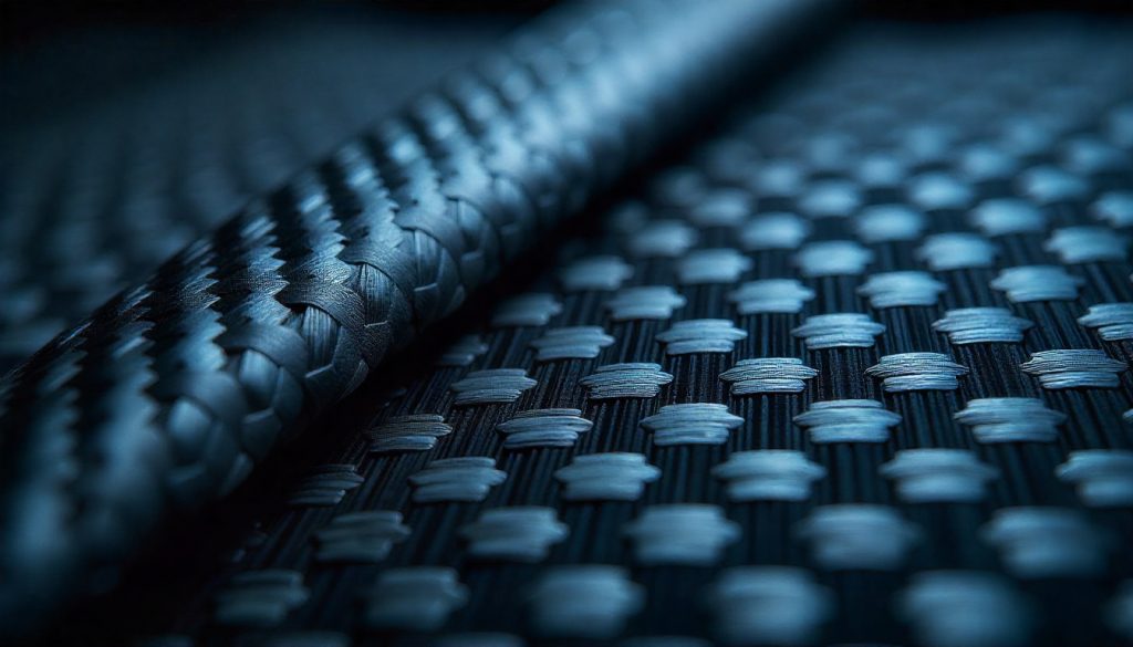 Close-up comparison of different carbon fiber grades and weave patterns including 3K, 12K, and 24K, highlighting texture, gloss, and stiffness levels used in premium automotive parts.