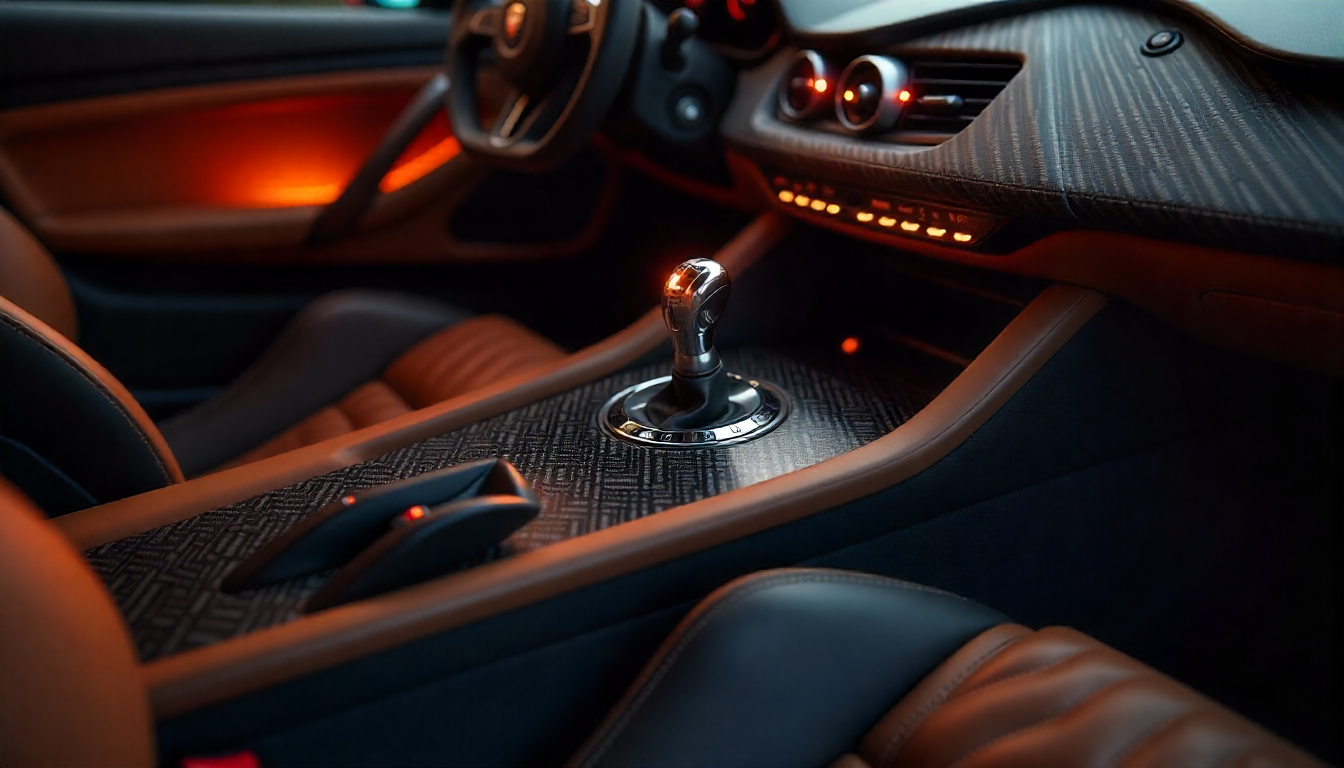 Close-up view of ultra-high-modulus carbon fiber weave with glossy finish inside a luxury exotic car, highlighting texture, precision, and premium craftsmanship