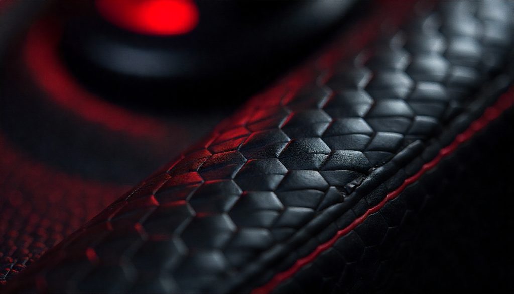 Close-up view of ultra-high-modulus carbon fiber weave with glossy finish inside a luxury exotic car, highlighting texture, precision, and premium craftsmanship