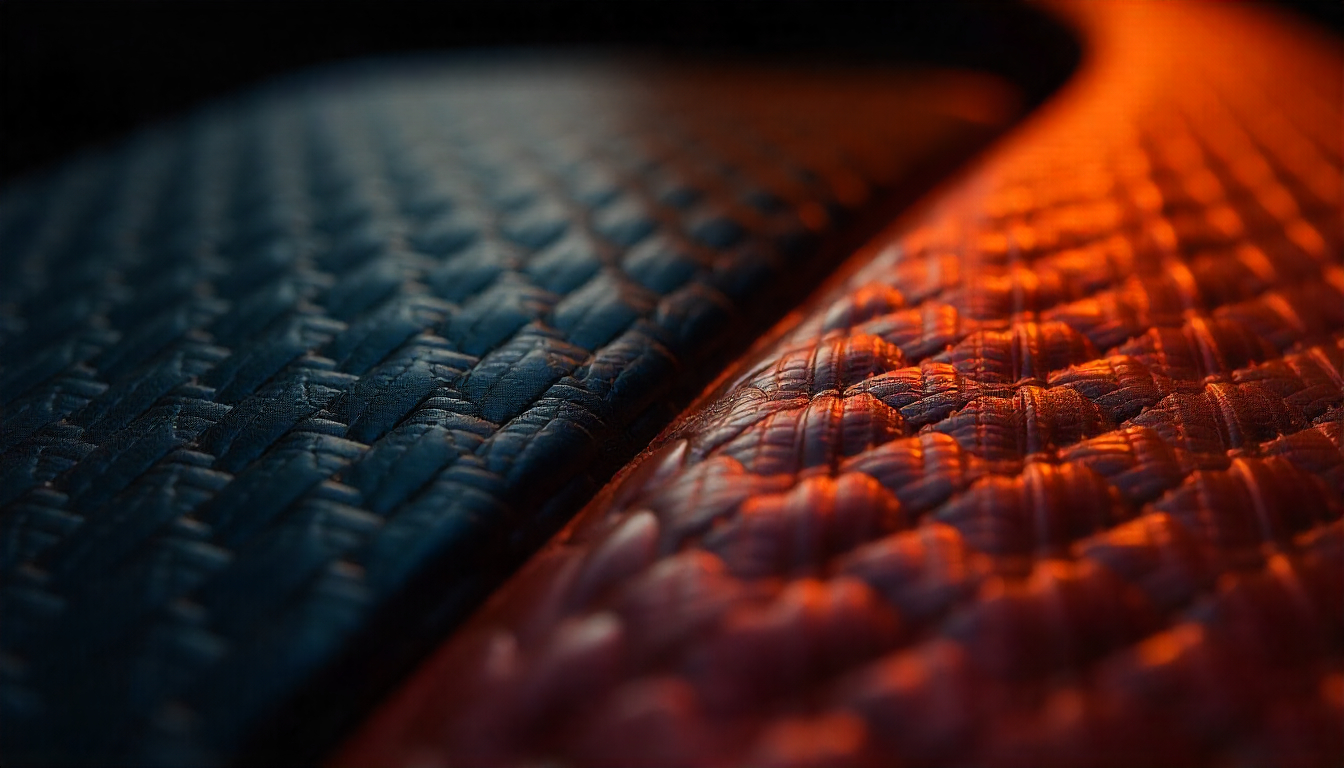 Close-up of luxury car part showing half 3K carbon fiber weave and half unidirectional carbon fiber texture, highlighting craftsmanship and material contrast.