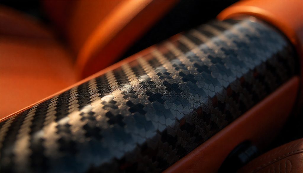 Close-up of luxury car part showing half 3K carbon fiber weave and half unidirectional carbon fiber texture, highlighting craftsmanship and material contrast.
