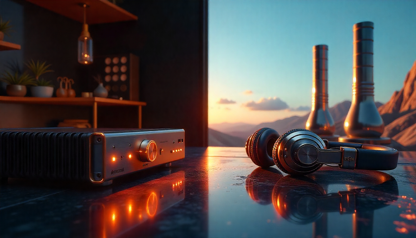 Premium split-scene of a high-end audio DAC and a futuristic carbon capture plant, framed with handcrafted carbon fiber textures, symbolizing performance, technology, and luxury craftsmanship.