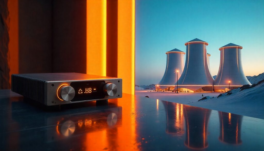 Premium split-scene of a high-end audio DAC and a futuristic carbon capture plant, framed with handcrafted carbon fiber textures, symbolizing performance, technology, and luxury craftsmanship.