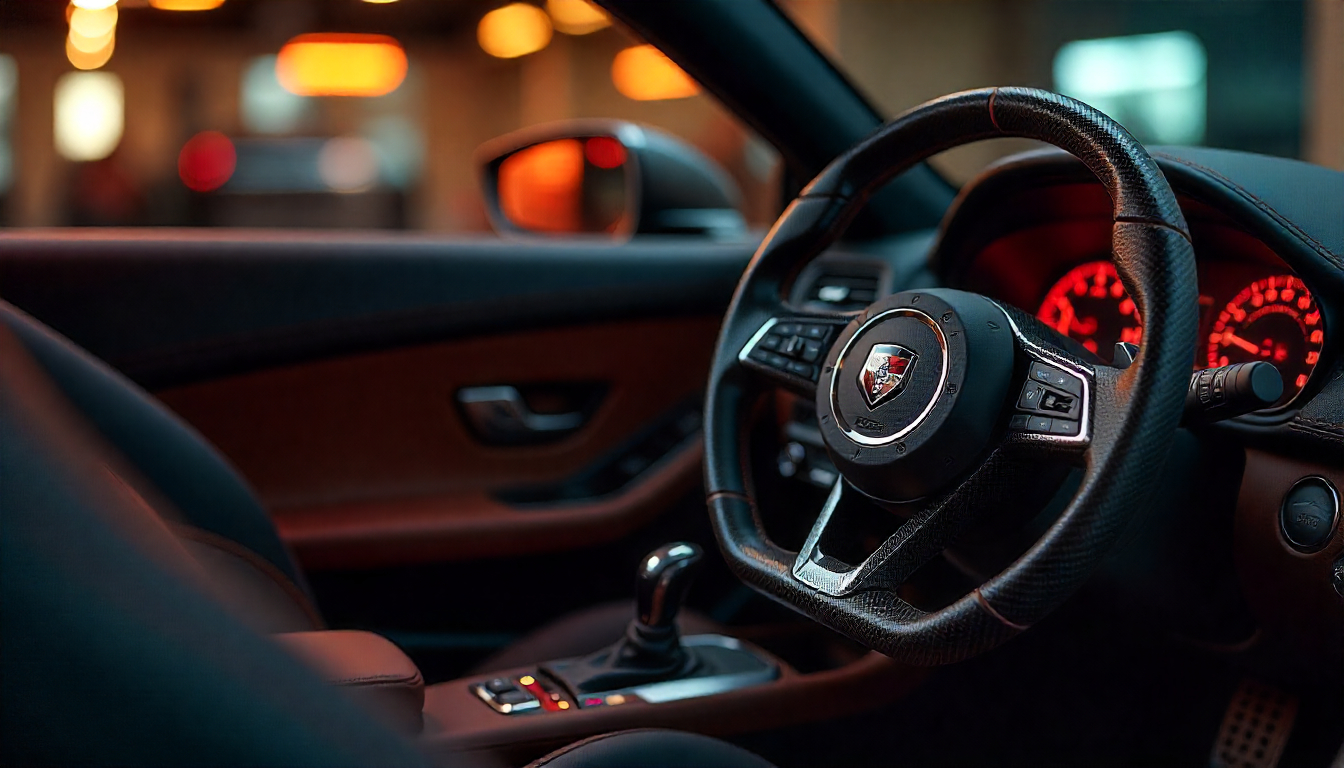 Close-up of premium real carbon fiber weave with luxury automotive parts including a custom carbon fiber steering wheel and license plate frame, showcasing texture, depth, and craftsmanship.