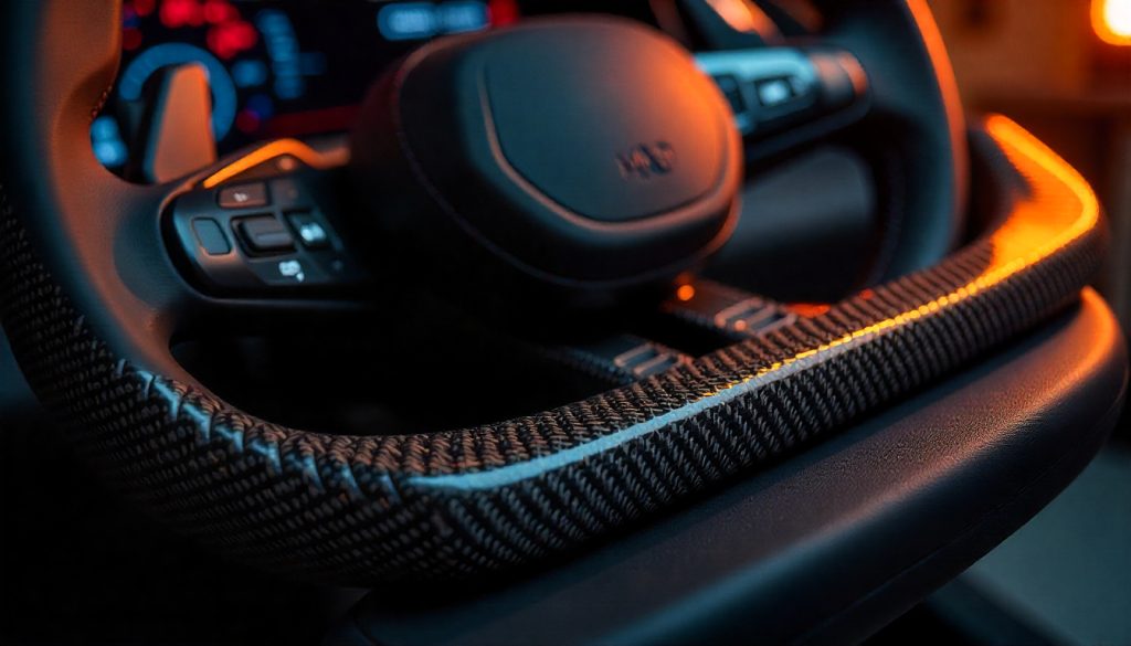 Close-up of premium real carbon fiber weave with luxury automotive parts including a custom carbon fiber steering wheel and license plate frame, showcasing texture, depth, and craftsmanship.