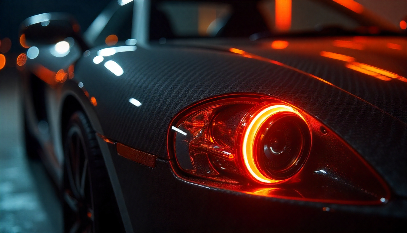 Close-up of premium high-strength carbon fiber weave on an exotic supercar part with glossy finish and luxury detailing