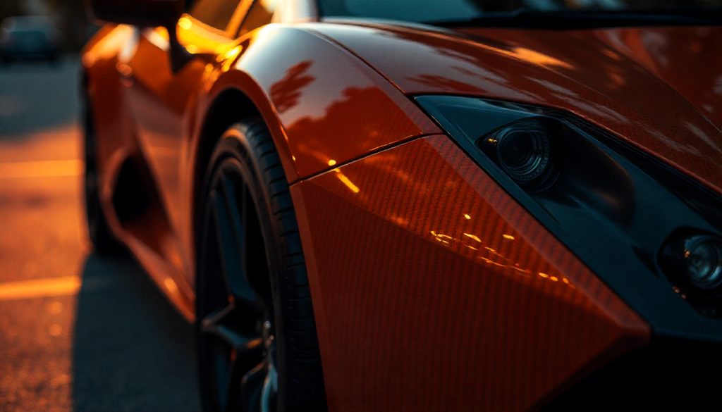 Close-up of premium high-strength carbon fiber weave on an exotic supercar part with glossy finish and luxury detailing