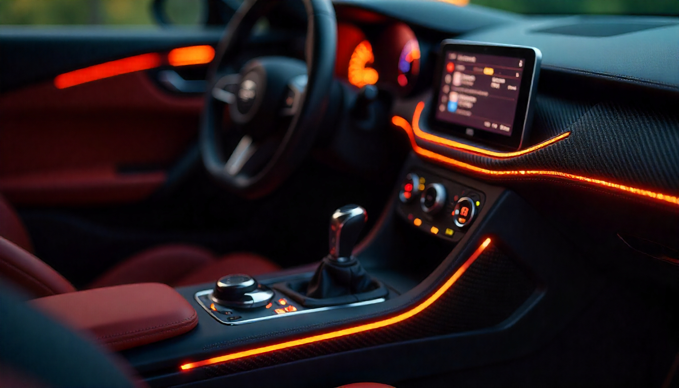 Close-up view of real carbon fiber weave on a luxury car interior, highlighting 3D texture and glossy finish
