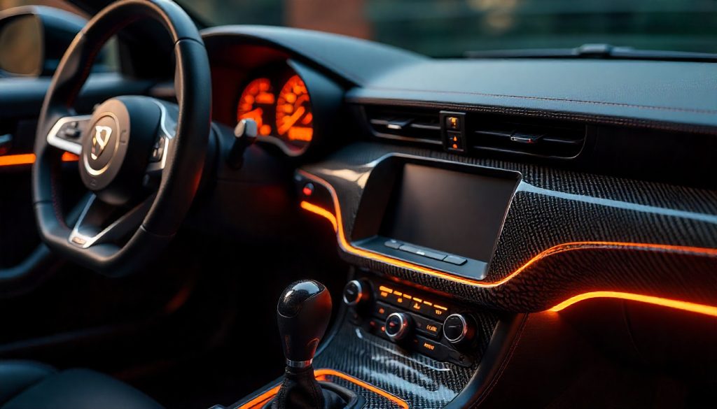 Close-up of handcrafted carbon fiber car parts on a luxury sports car, highlighting glossy weave patterns and precision detailing.