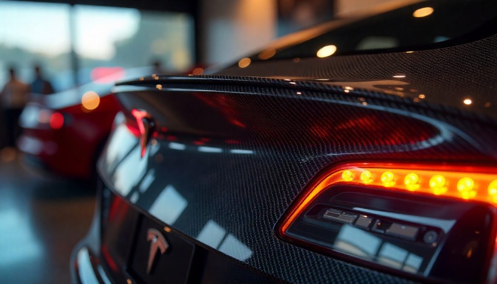 Close-up of a Tesla Model S Plaid featuring a genuine carbon fiber spoiler and dashboard trim with a high-gloss weave pattern in a luxury showroom