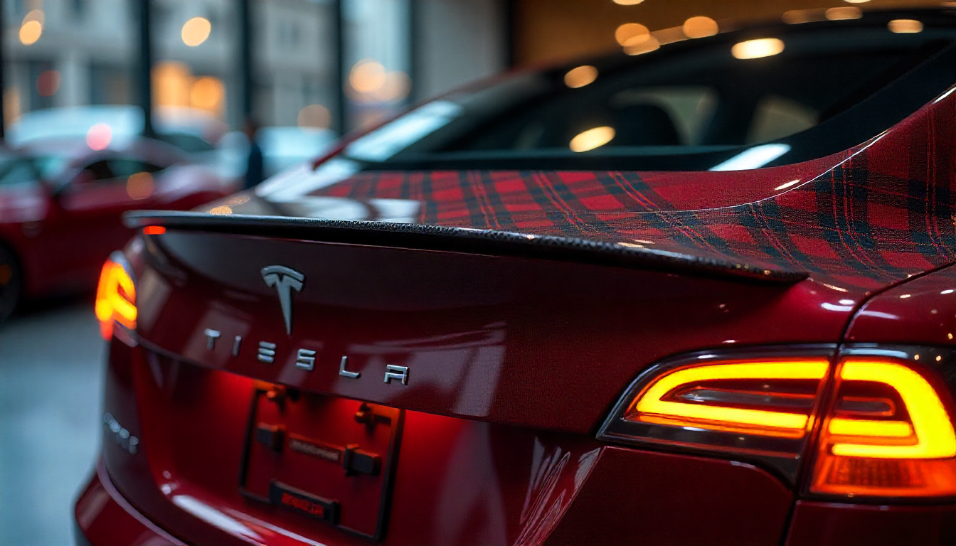 Close-up of a Tesla Model S Plaid featuring a genuine carbon fiber spoiler and dashboard trim with a high-gloss weave pattern in a luxury showroom