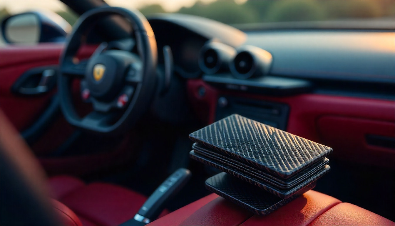 Close-up of handcrafted carbon fiber steering wheel, dashboard trim, and money clip showcasing lightweight and premium automotive components designed for exotic cars.