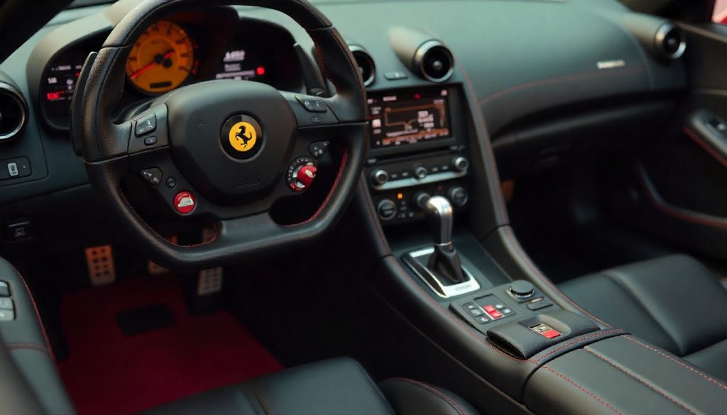 Close-up of handcrafted carbon fiber steering wheel, dashboard trim, and money clip showcasing lightweight and premium automotive components designed for exotic cars.