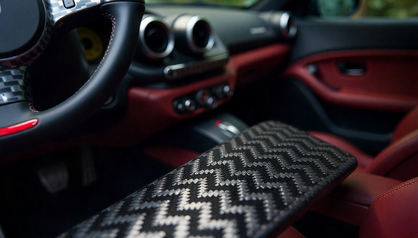Recycled carbon fiber car parts with glossy weave texture displayed beside luxury automotive components like a Ferrari steering wheel and dashboard trim.