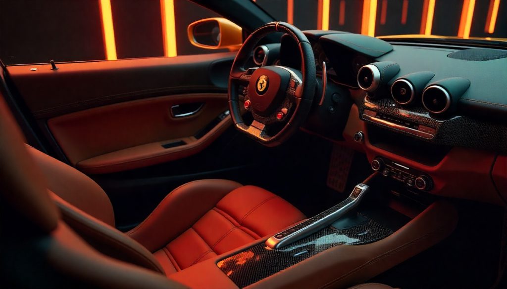 Recycled carbon fiber car parts with glossy weave texture displayed beside luxury automotive components like a Ferrari steering wheel and dashboard trim.