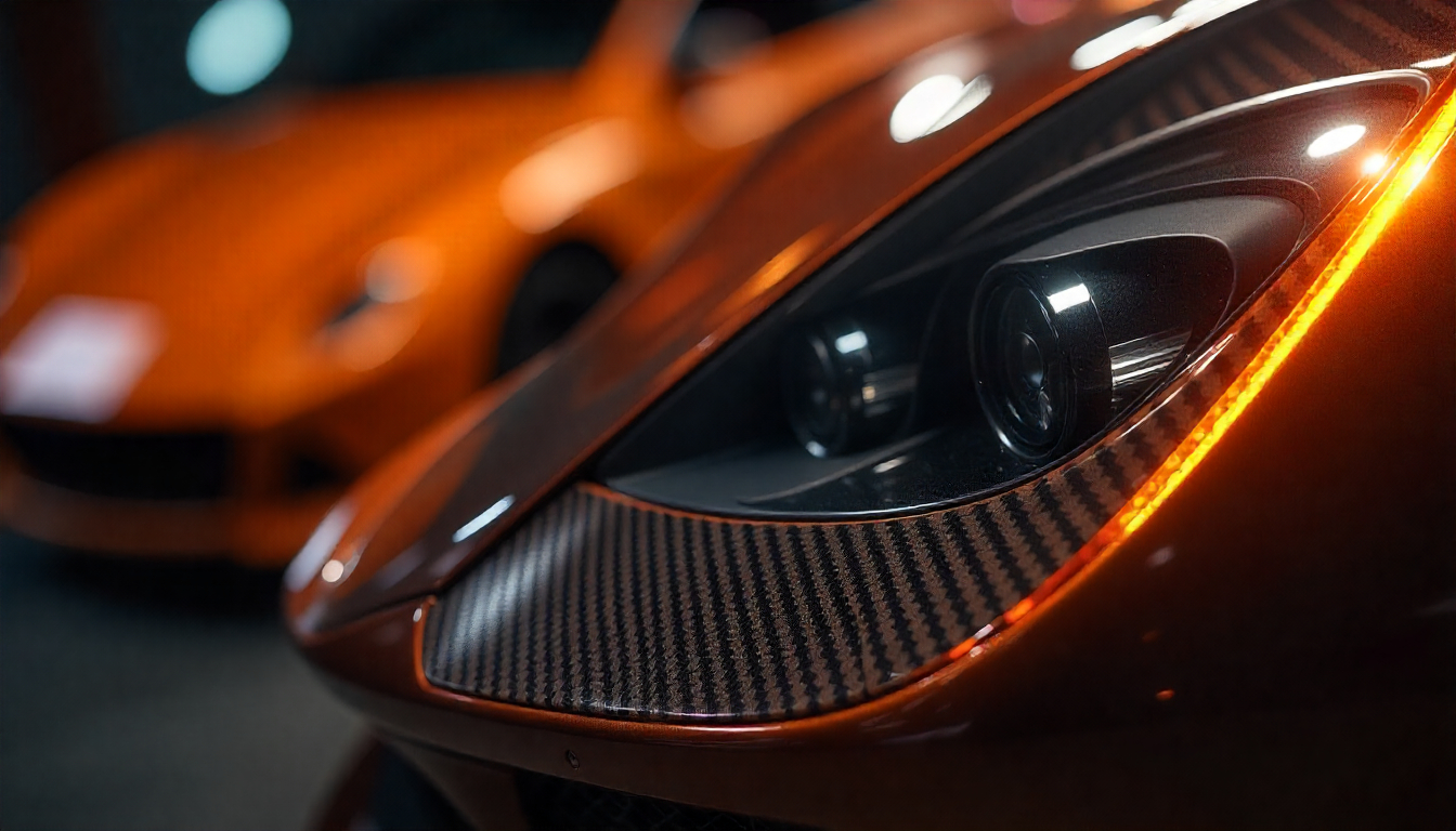 Close-up of premium handcrafted carbon fiber car parts with glossy weave texture near a luxury sports car, highlighting fire resistance and performance.