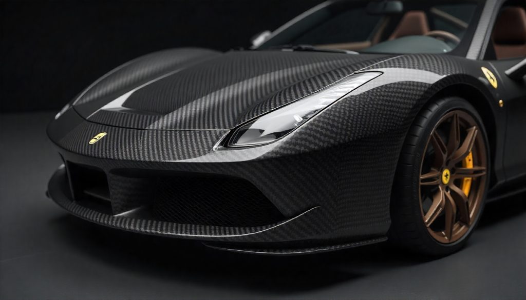 Close-up of premium handcrafted carbon fiber car parts with glossy weave texture near a luxury sports car, highlighting fire resistance and performance.