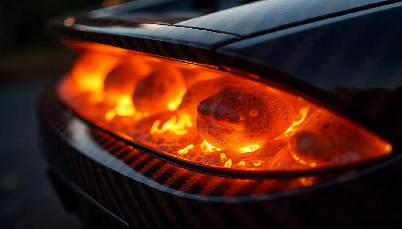 Burning carbon embers transforming into carbon fiber weave pattern, symbolizing combustion energy and premium carbon fiber car parts.