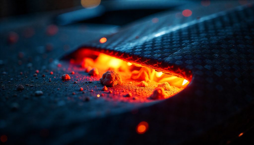 Burning carbon embers transforming into carbon fiber weave pattern, symbolizing combustion energy and premium carbon fiber car parts.