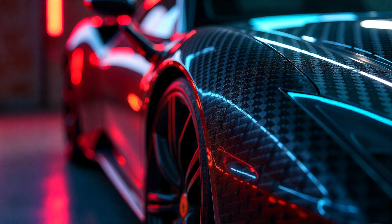 Close-up of glossy handcrafted carbon fiber automotive parts on a luxury sports car, showcasing detailed weave patterns and premium finish.