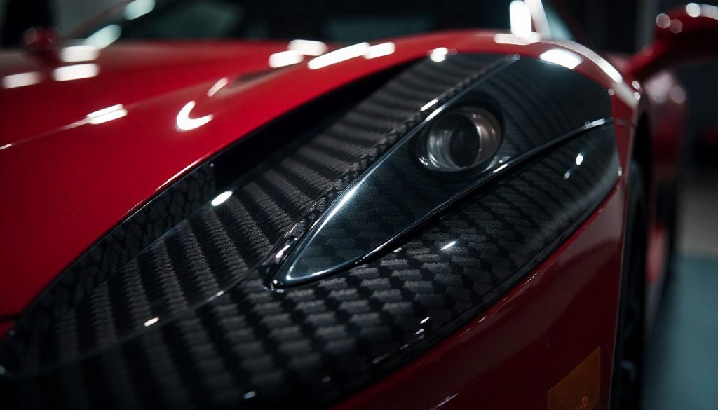 Close-up of glossy handcrafted carbon fiber automotive parts on a luxury sports car, showcasing detailed weave patterns and premium finish.