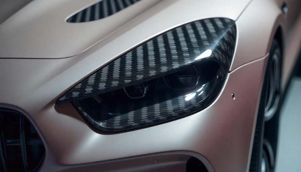 Close-up of handcrafted carbon fiber car parts with glossy weave patterns, symbolizing strength, luxury, and eco-friendly automotive innovation.