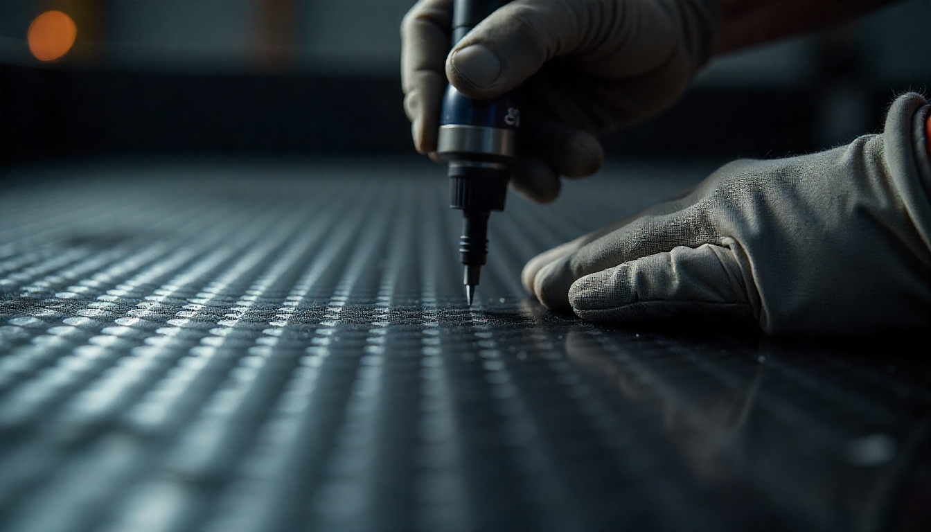 Close-up of carbon fiber sheet being cut with a rotary tool showing the detailed weave pattern and safety precautions in a premium automotive workshop
