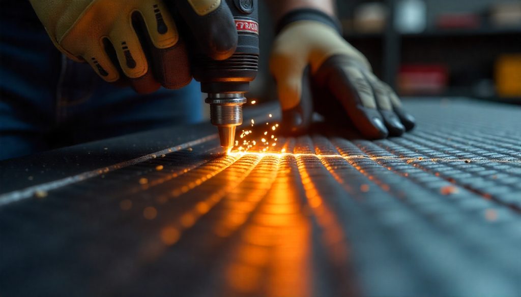 Close-up of carbon fiber sheet being cut with a rotary tool showing the detailed weave pattern and safety precautions in a premium automotive workshop