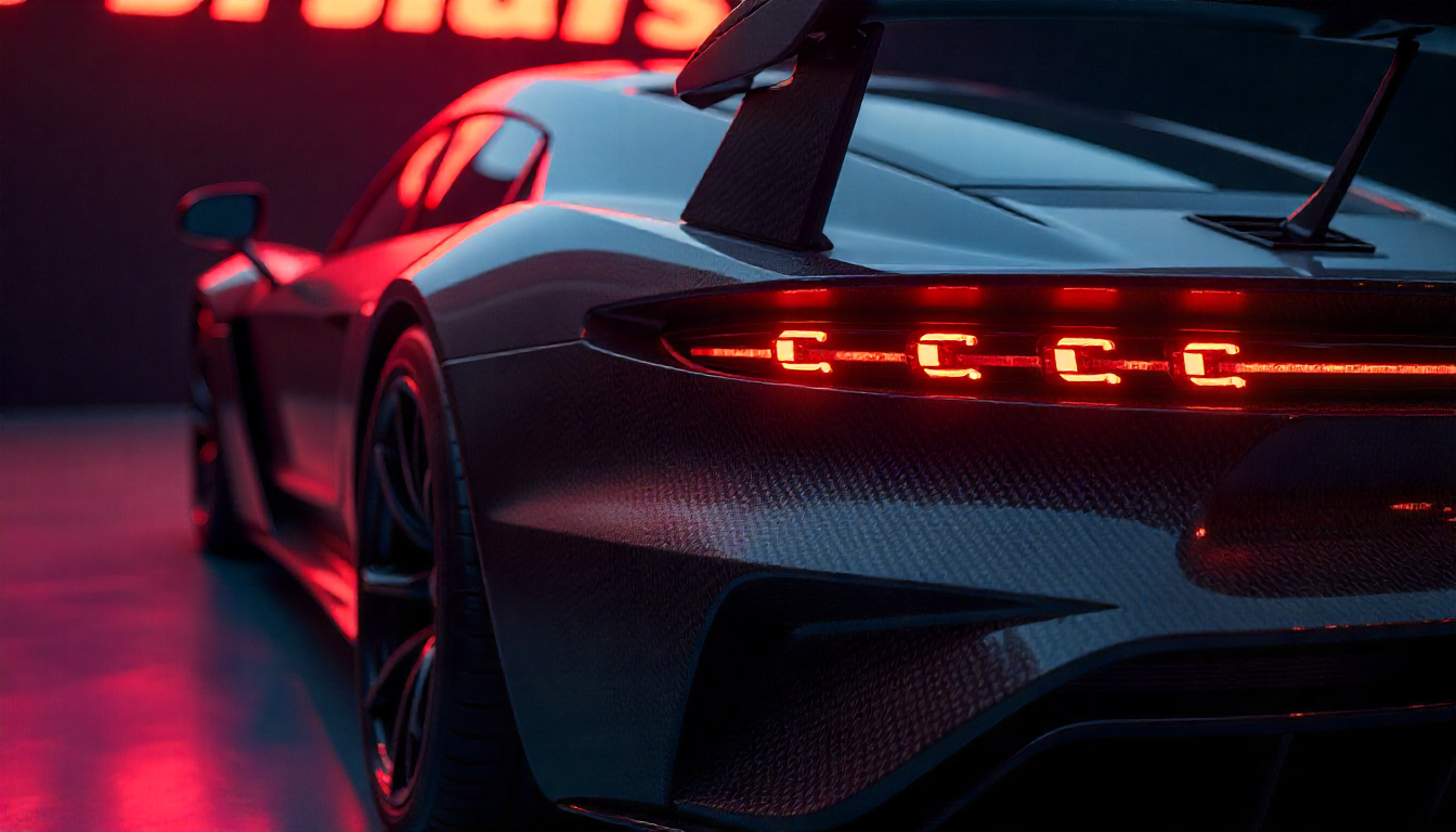 Close-up of premium handcrafted carbon fiber automotive part on a luxury sports car, highlighting futuristic design, lightweight strength, and high-end performance.