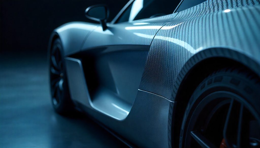 Close-up of premium handcrafted carbon fiber automotive part on a luxury sports car, highlighting futuristic design, lightweight strength, and high-end performance.