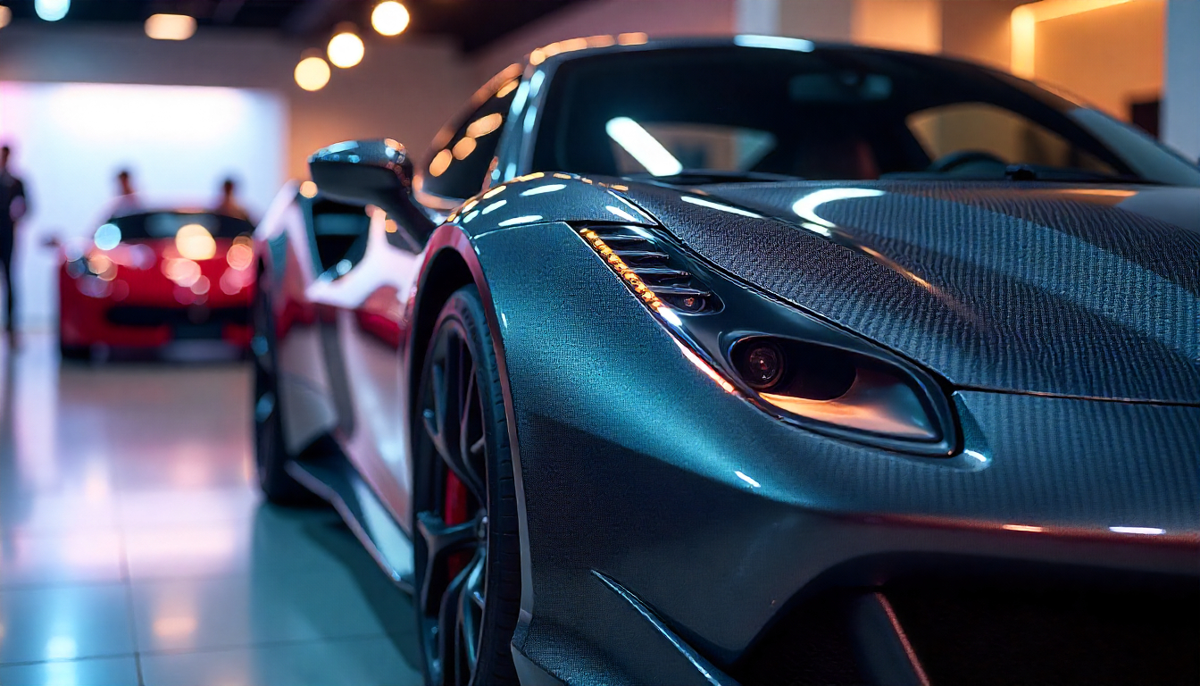 Luxury sports car with exposed carbon fiber body panels showcasing premium handcrafted automotive design in a modern showroom.