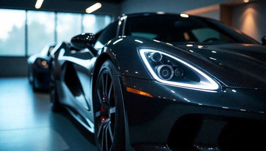 Luxury sports car with exposed carbon fiber body panels showcasing premium handcrafted automotive design in a modern showroom.