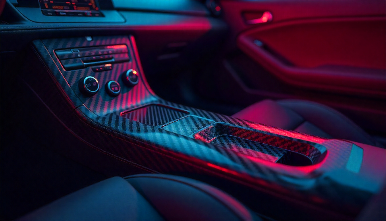 Close-up of handcrafted carbon fiber automotive parts with glossy weave pattern near a luxury sports car interior.