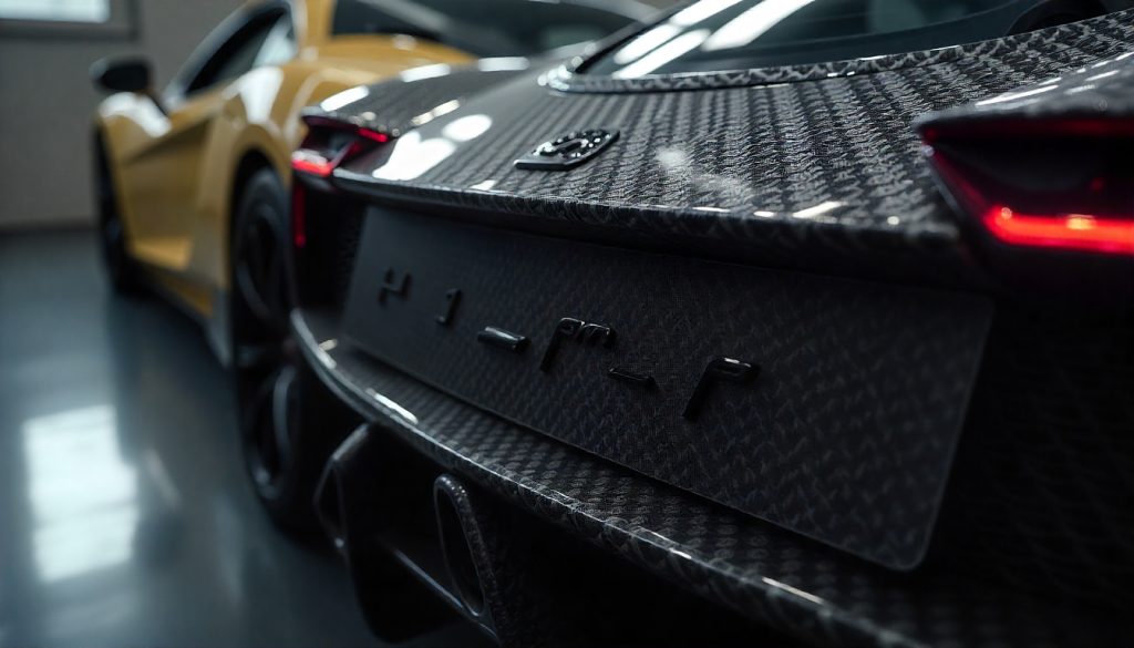 Close-up view of graphite crystal structure blending into handcrafted carbon fiber car parts on a luxury sports car