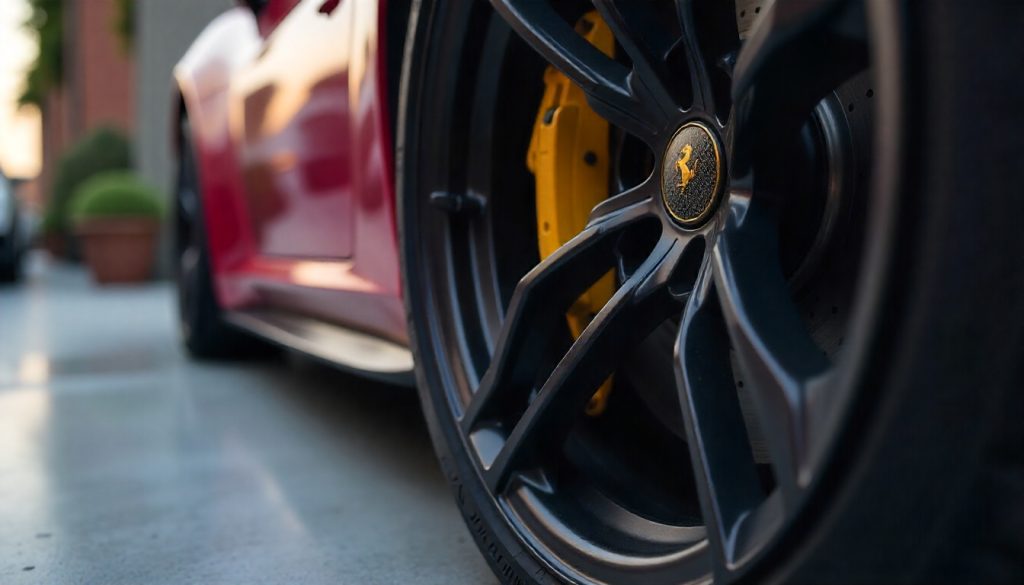 Close-up of exotic car wheel with premium carbon fiber tire valve caps highlighting glossy finish and luxury design.