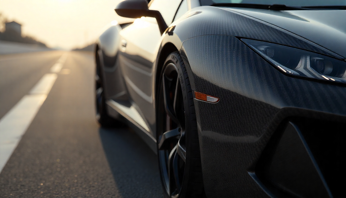 Close-up of handcrafted carbon fiber automotive parts with glossy weave texture, highlighting heat resistance and luxury design on a high-performance car under sunlight.