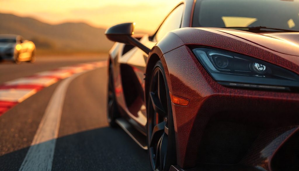 Close-up of handcrafted carbon fiber automotive parts with glossy weave texture, highlighting heat resistance and luxury design on a high-performance car under sunlight.
