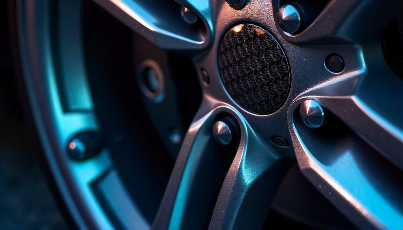 Close-up of glossy carbon fiber tire valve caps on a supercar wheel showcasing premium lightweight design and luxury craftsmanship.