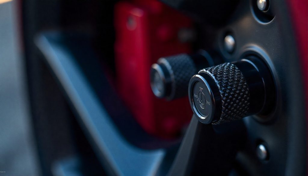 Close-up of glossy carbon fiber tire valve caps on a supercar wheel showcasing premium lightweight design and luxury craftsmanship.